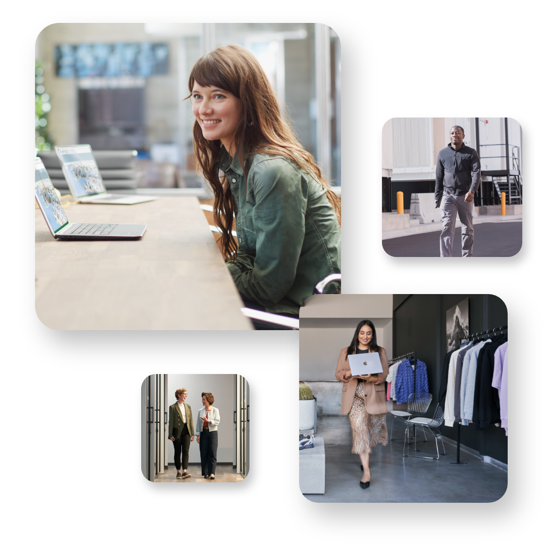 a collage of images including a woman at a table with a laptop smiling, a woman carrying a laptop in a retail setting and two business people walking down a hallway
